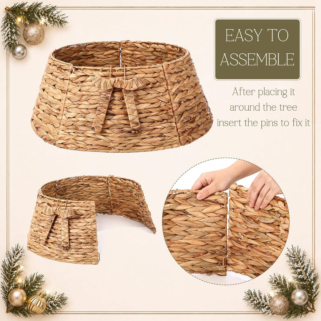 Natural Christmas Tree Collar with Bow 23.6 Inch Woven Farmhouse