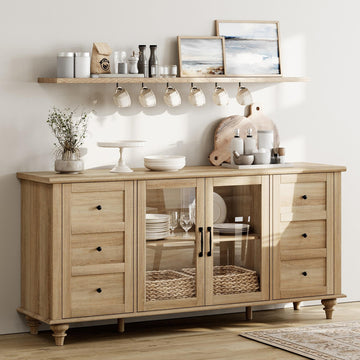 Farmhouse Buffet Cabinet with Glass Door, Wooden Sideboard, Oak, 58"
