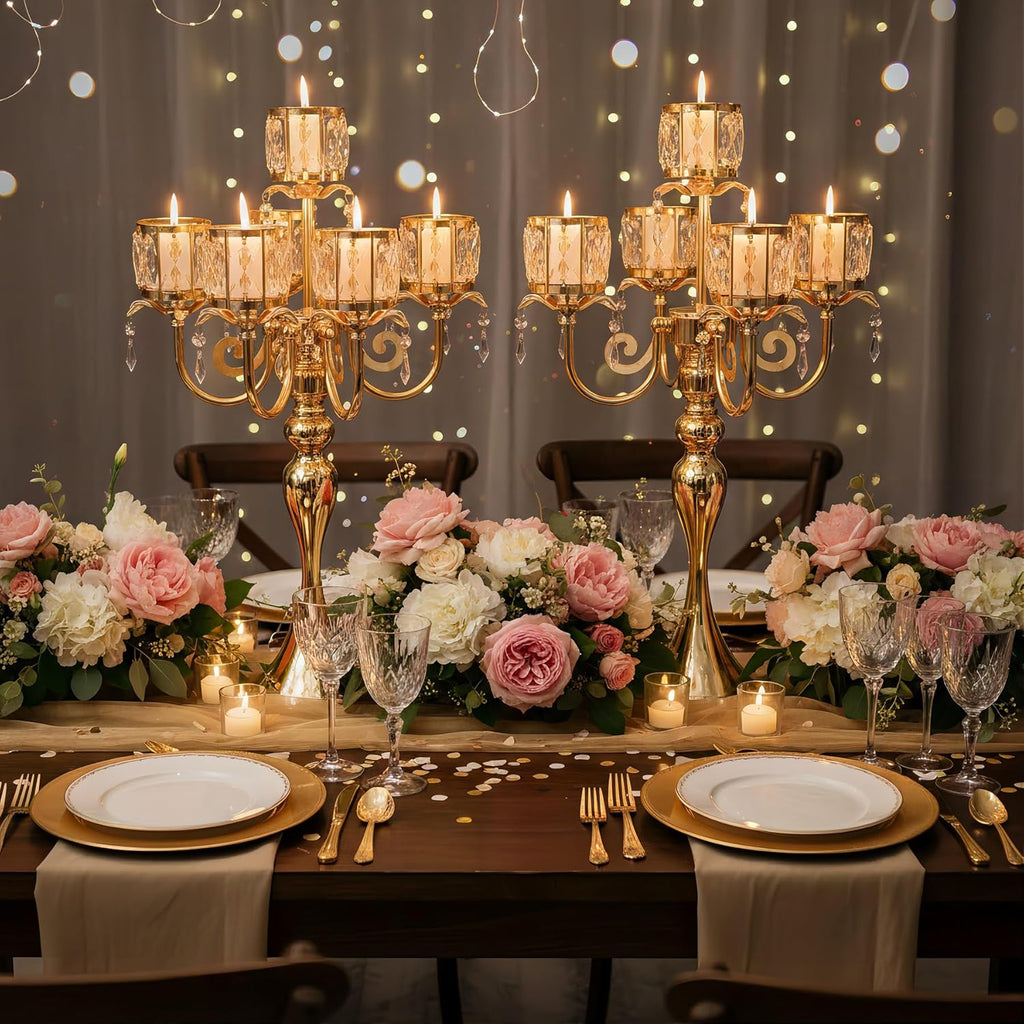 Tall Candle Holders - 2Pcs Gold Candelabra, Metal 5 Arm Candlesticks Party Wedding Aisle Home Decor (Gold x 2pcs)