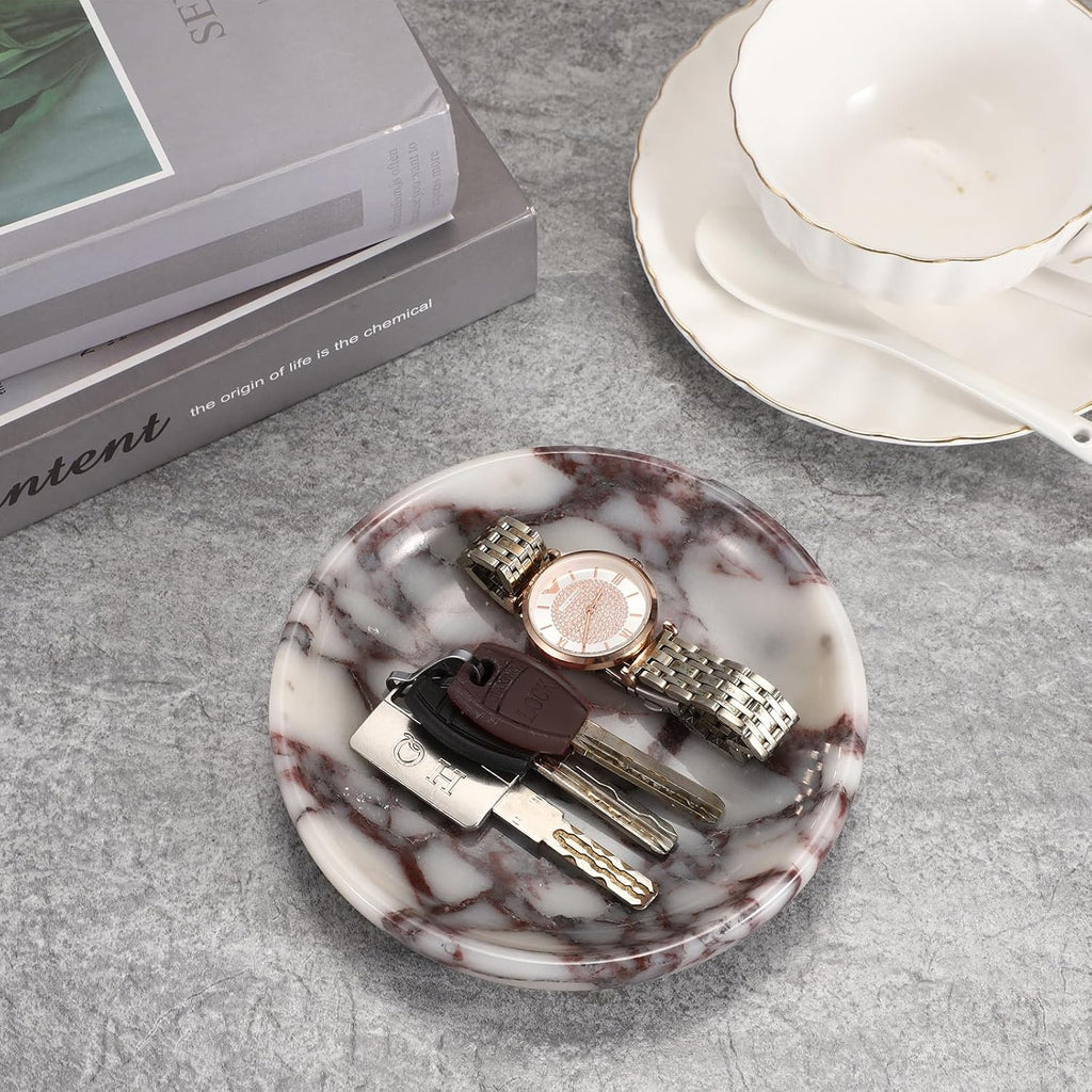 Small Round Key Bowl for Entryway Table - 5.5" Natural Marble Jewelry Dish Tray Decorative Key Plate Holder Catch All