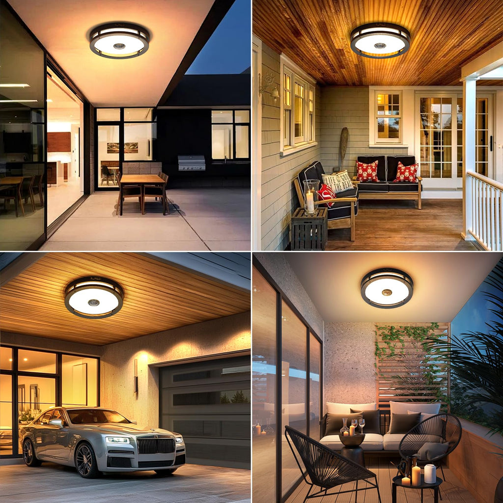 Outdoor Motion Sensor LED Ceiling Light, Dusk to Dawn, 12", 2 Pack