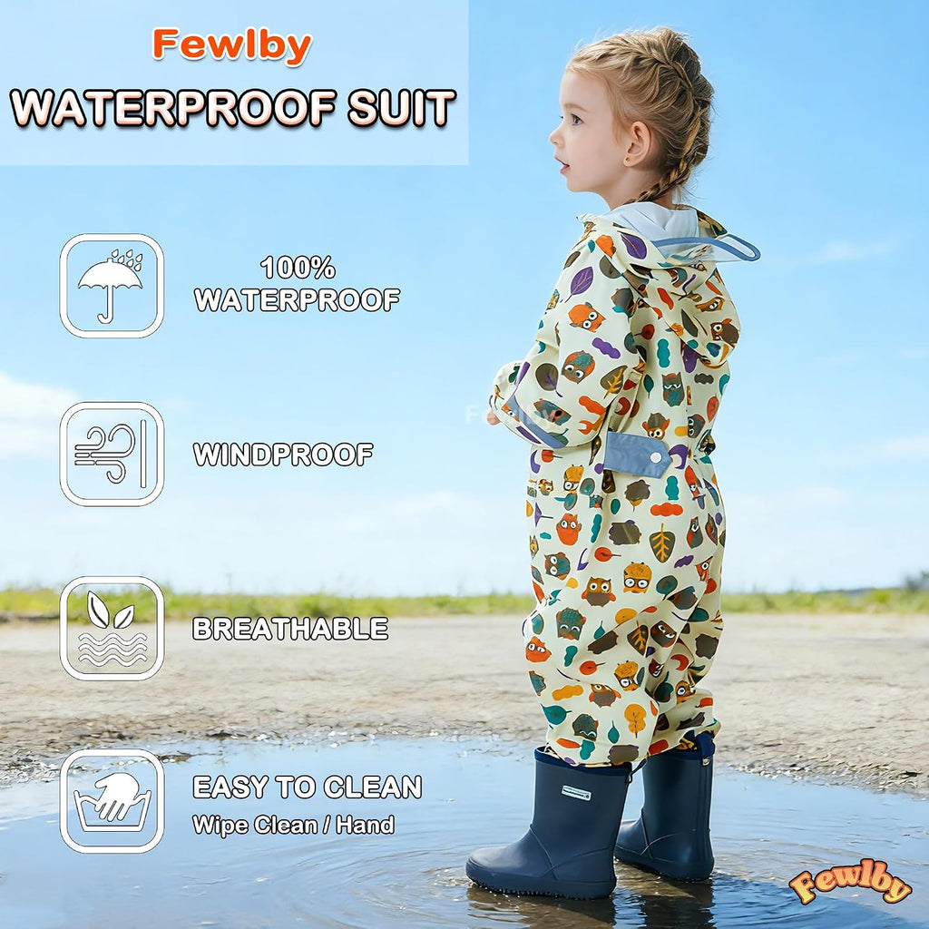 Kids Toddler Rain Suit for Boys Girls One Piece Hoodie Zipper Cartoon Waterproof Coverall Rain Jacket