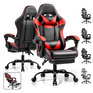 Gaming Chair, Ergonomic Footrest, Lumbar & Headrest(Red Black)