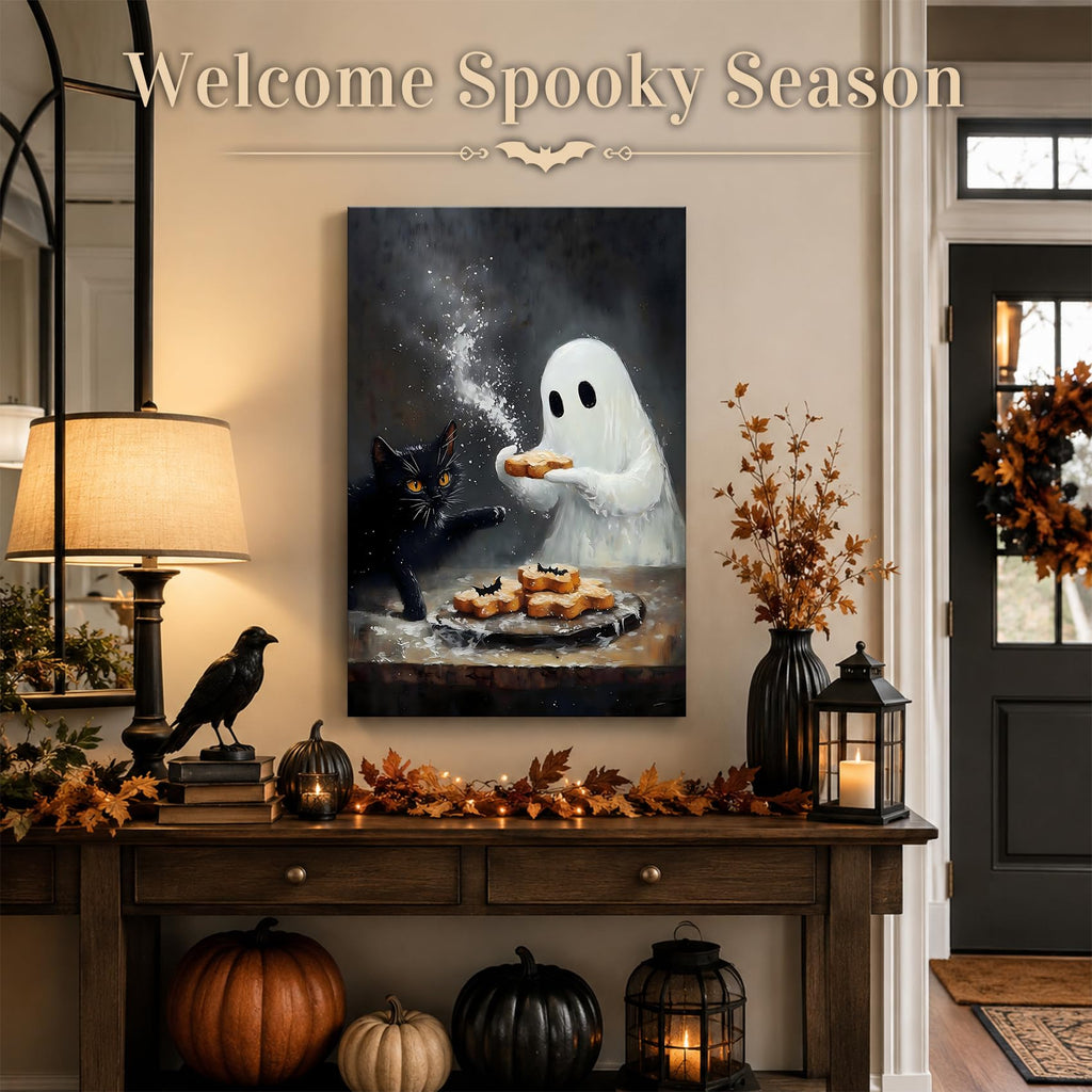 Framed Halloween Canvas Wall Art Adorable Ghost and Black Cat Baking Treats, Cozy Vintage Farmhouse Artwork, Canvas