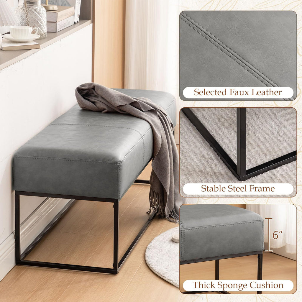 Leather Entryway Bench, Modern Long Leather Ottoman Bench Seat with Metal Frame, 47'' Upholstered Bedroom Bench