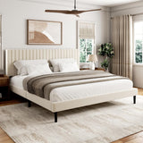 King Bed Frame with Velvet Upholstered Headboard, Platform Bed with Strong Wood Slats, Mattress Foundation