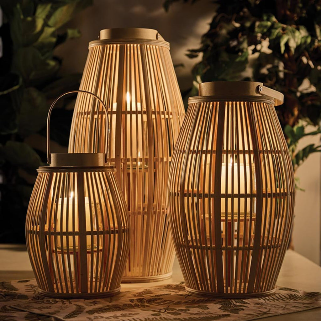 Bamboo Hurricane Lantern with Handle Woven Natural Rattan Boho Hanging Candle Holder, Yard, Home Décor, Medium