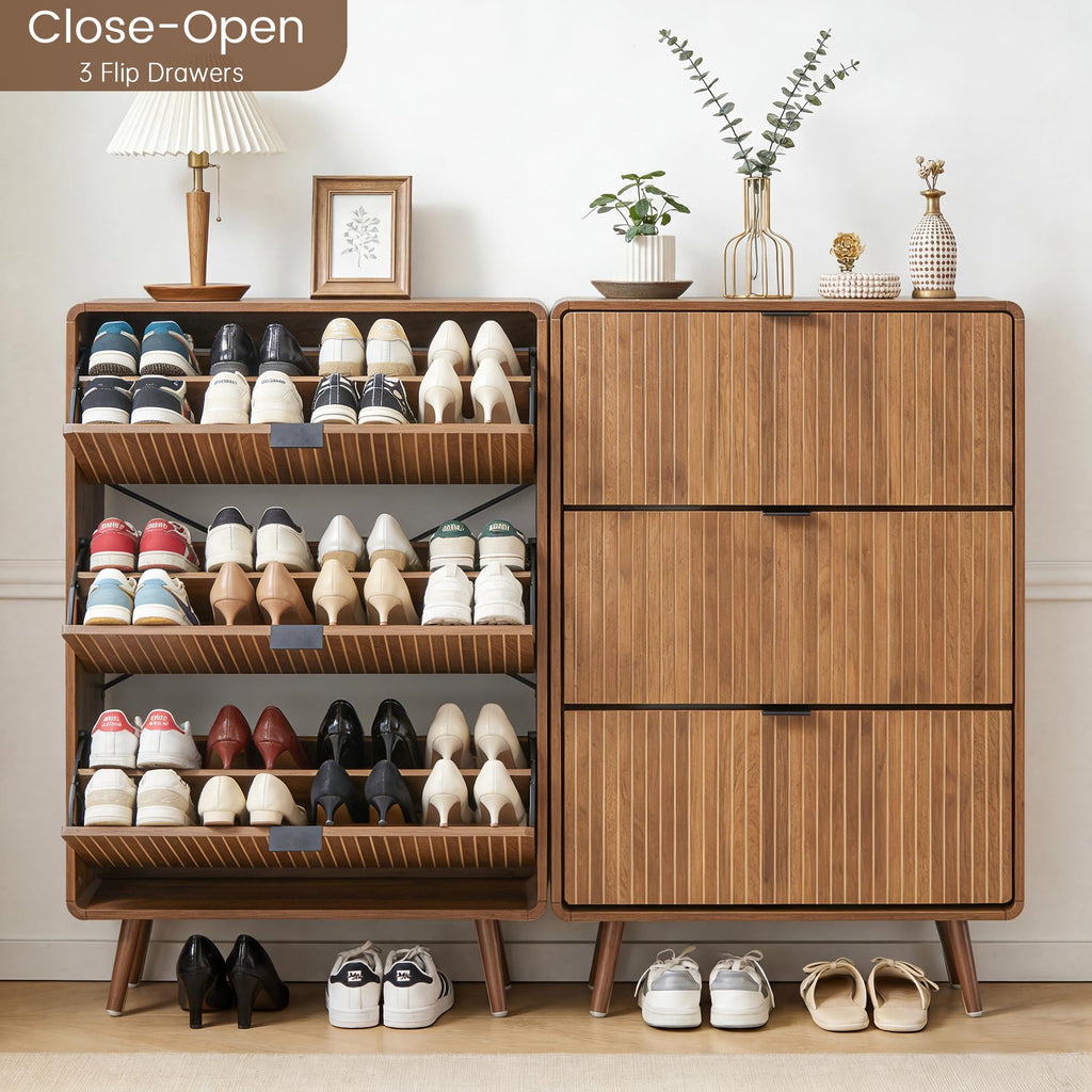 Fluted Shoe Storage Cabinet with 3 Flip Drawers (All Walnut, 3 Drawers)