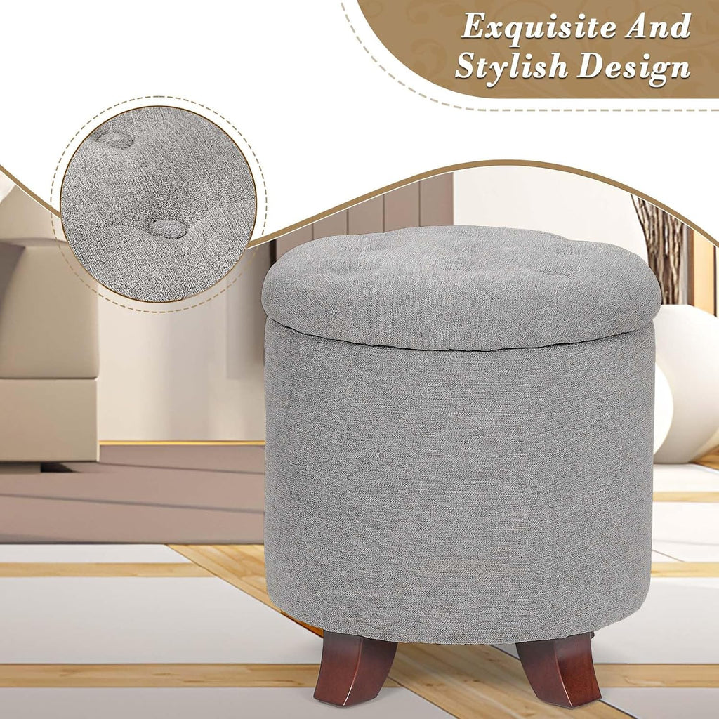15 Inch Small Ottoman with Storage, Round Linen Fabric Storage Ottoman Foot Rest with Removable Lid, Multipurpose