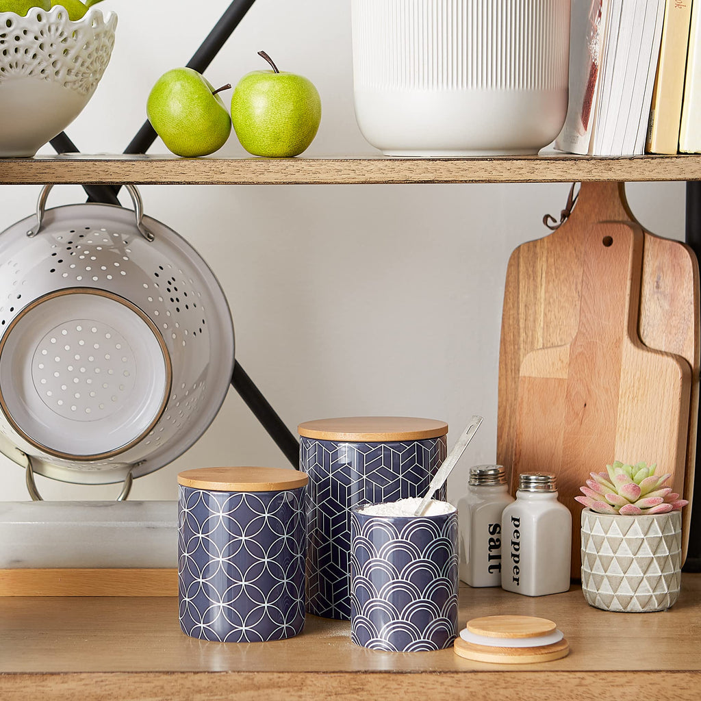 Kitchen Ceramics Collection, Canister Set, Mixed Print, Nautical Blue, 3 Piece