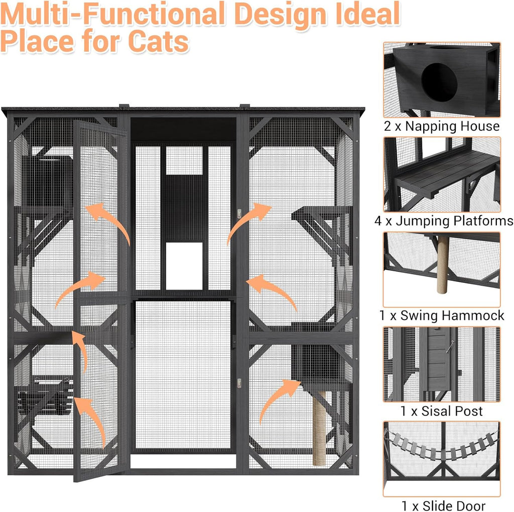 70'' Outdoor Cat Enclosure, Walk-in Catio with 4 Jumping Platforms & 2 Napping Houses, Swing Hammock, Cat House Indoor