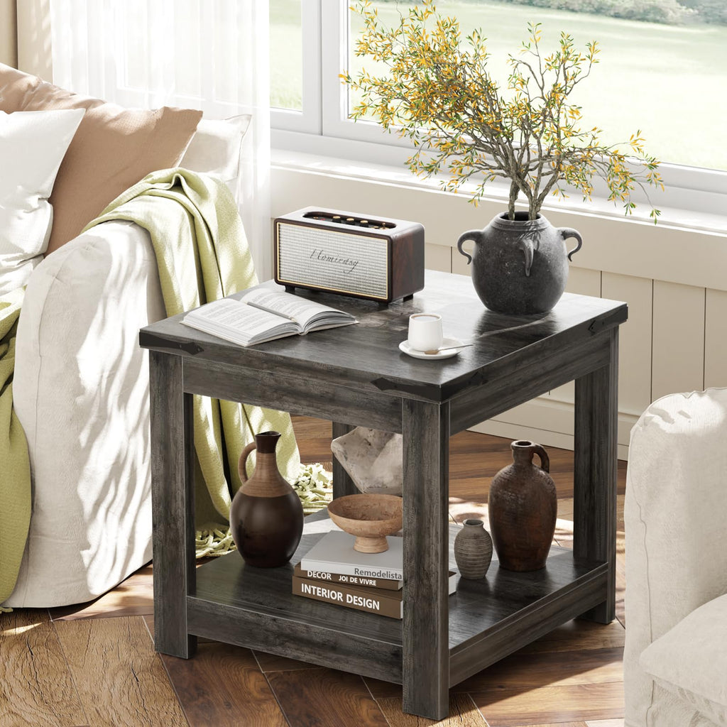 20" End Table with Storage Shelf, Farmhouse Bedside Table, Grey