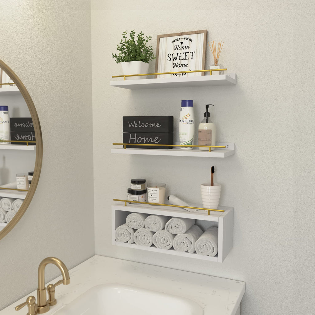 Floating Shelves for Wall with Cube Shelf, Wall Shelves with Metal Rail for Decor, Bathroom Organizers and Storage