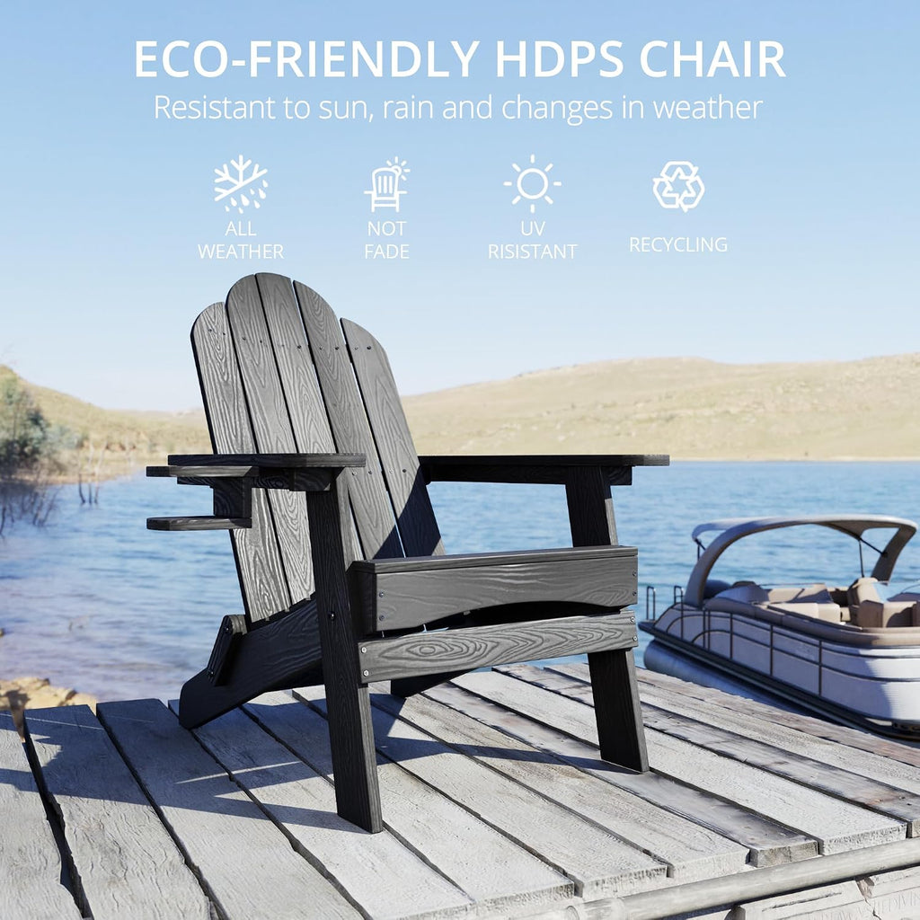 Folding Adirondack Chairs Set of 2, HDPS Fire Pit Chairs, Black | All-weather-resistant, ergonomic curved design