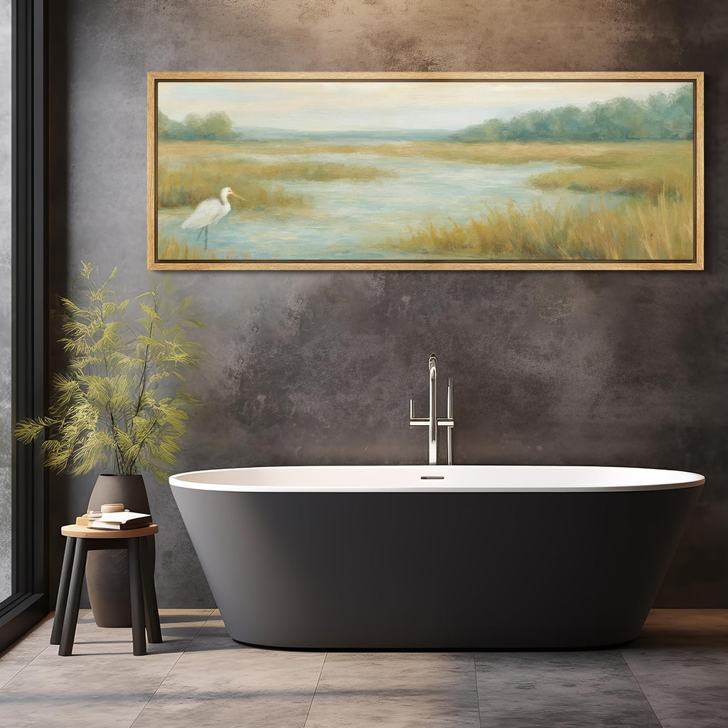 Large Framed Canvas Print Wall Art Coastal Marsh Egret Landscape Tranquil Wetland Illustrations Decorative Multicolor