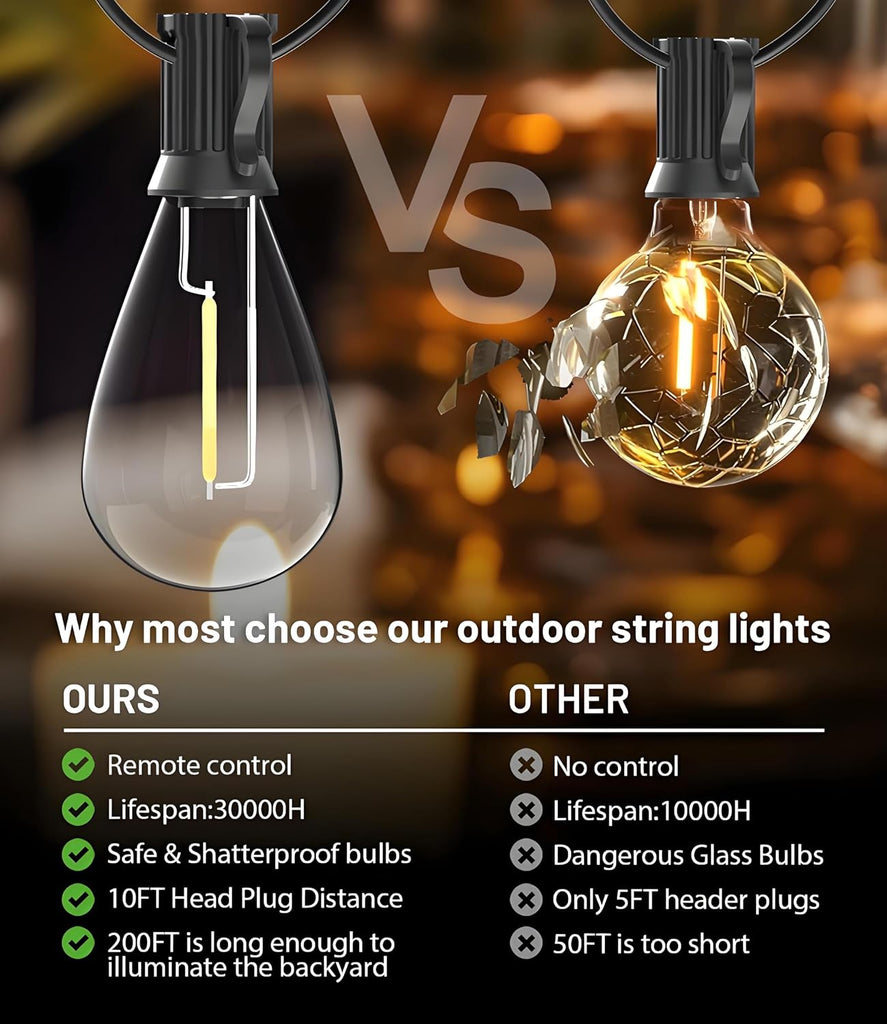 200FT LED Outdoor String Lights with Remote, 74+2 Shatterproof Bulbs Dimmable Timing 3 Light Modes Outside Patio