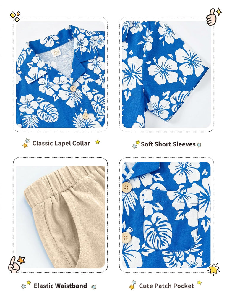 Todller Baby Boy Summer Clothes Color Block Short Sleeve Button Down Shirt Floral Tops Cotton Pants Outfit Set Blue
