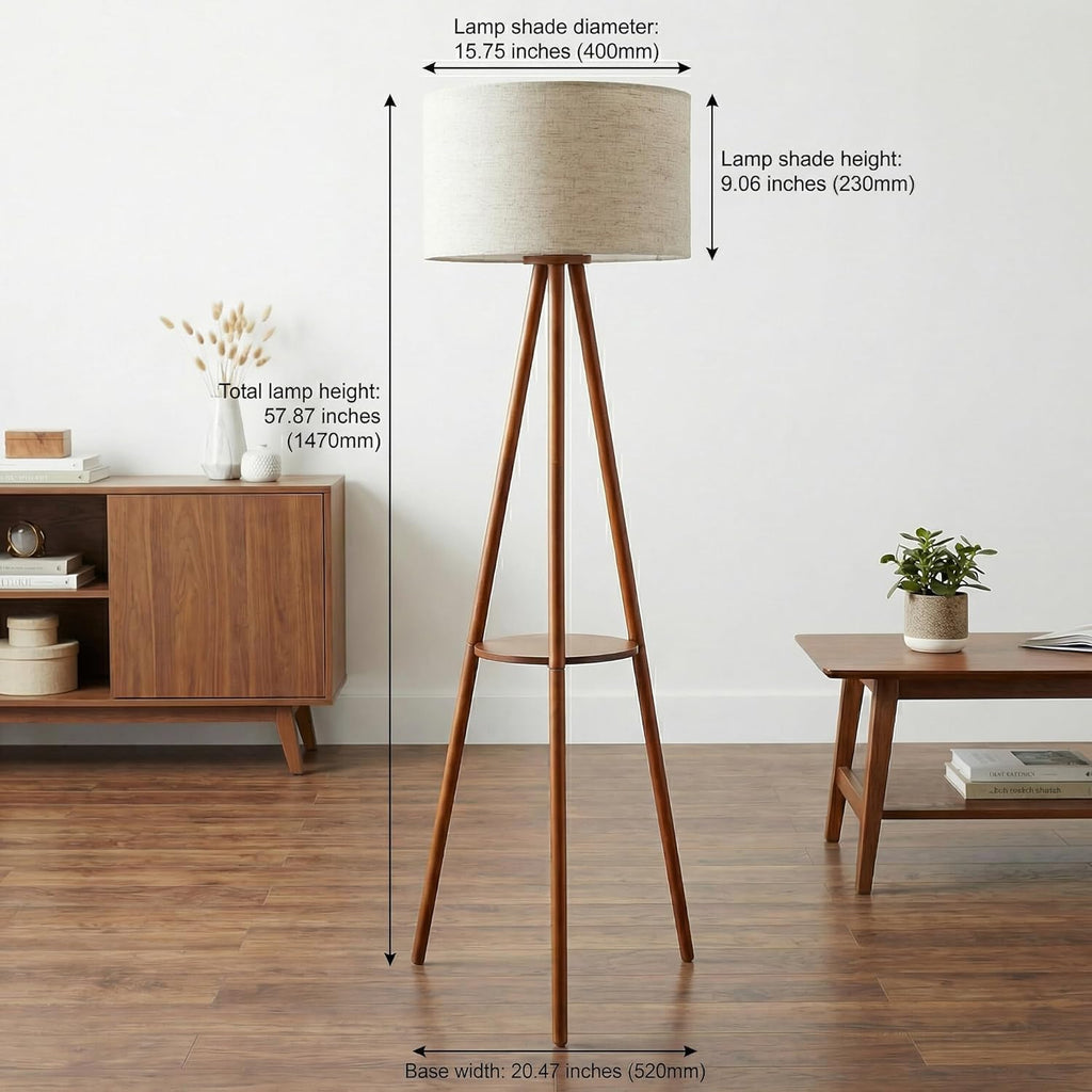 Modern Floor Lamp with White Drum Shade, Wood and Metal Construction, Adjustable Height