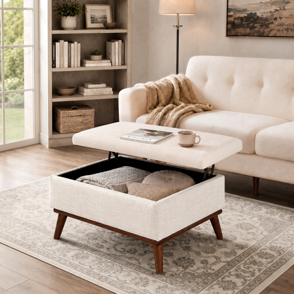 Large Ottoman with Storage, 28.3" Mid Century Modern Rectangle Coffee Table with Lid Lifting Function, High Wooden