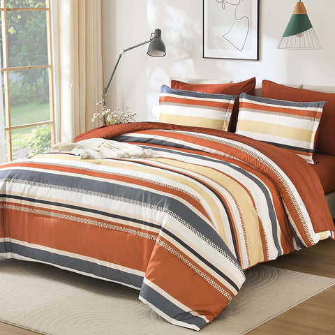 Queen Comforter Set, 7 Pieces Bed in a Bag Orange Queen Bed Set, Soft Boho Striped Bedding Sets with Sheets