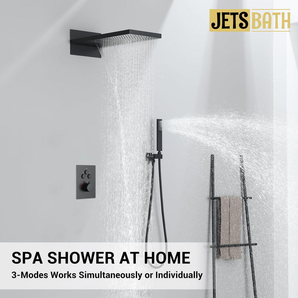 Thermostatic Shower System, Waterfall Shower Head(Matte Black)