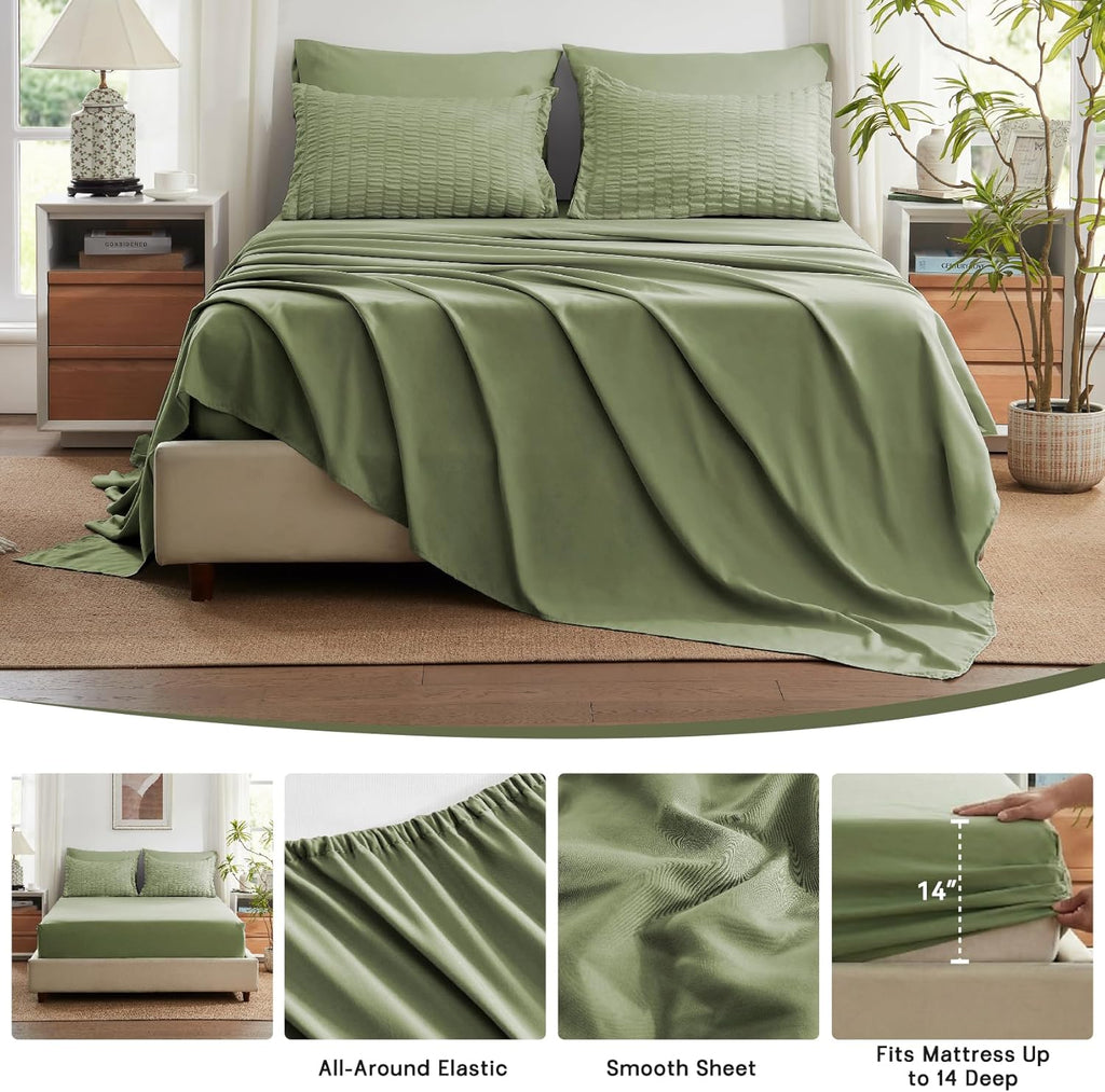 Queen Comforter Set 7 Pieces, Olive Green Seersucker Bed in a Bag with Comforter and Sheets