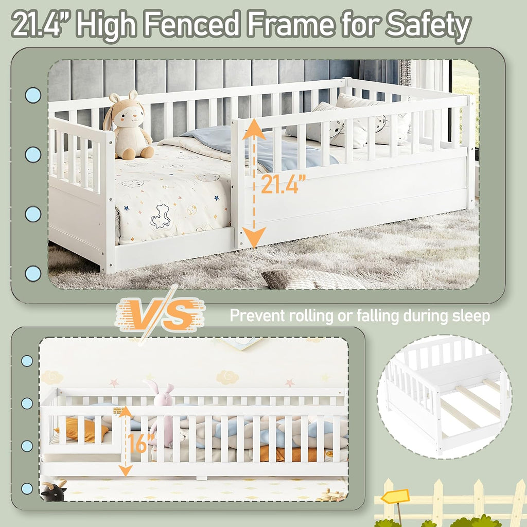 Floor Bed Frame with 21.4" High Fence, Solid Wood Montessori Floor Bed for Kids, Low to Ground