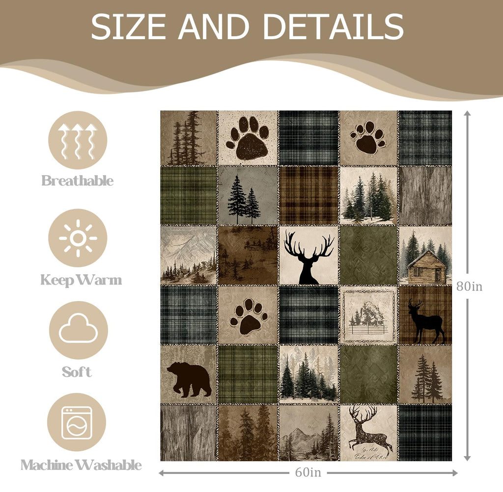 Rustic Cabin Forest Vintage Patchwork Plaid Blanket, 60x80 Inch