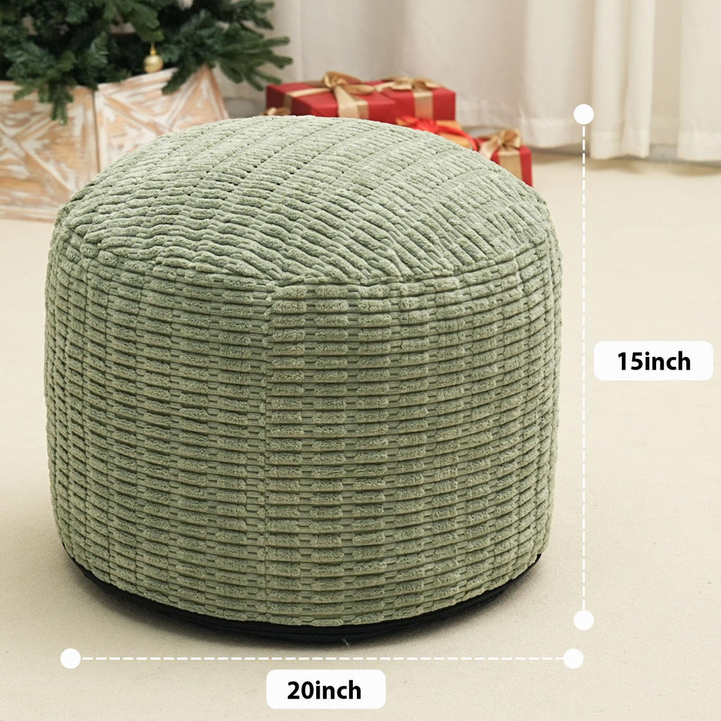 Round Stuffed Pouf Ottoman for Foot Rest 20" X 15" Faux Fur Poufs, Green