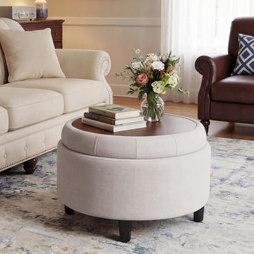 Round Hidden Storage Ottoman with Reversible Tray Lid - Multi-Functional Footrest, Sturdy & Stylish Fabric Coffee