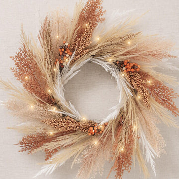 18'' Neutral Fall Pampas Wreath with Lights for Front Door