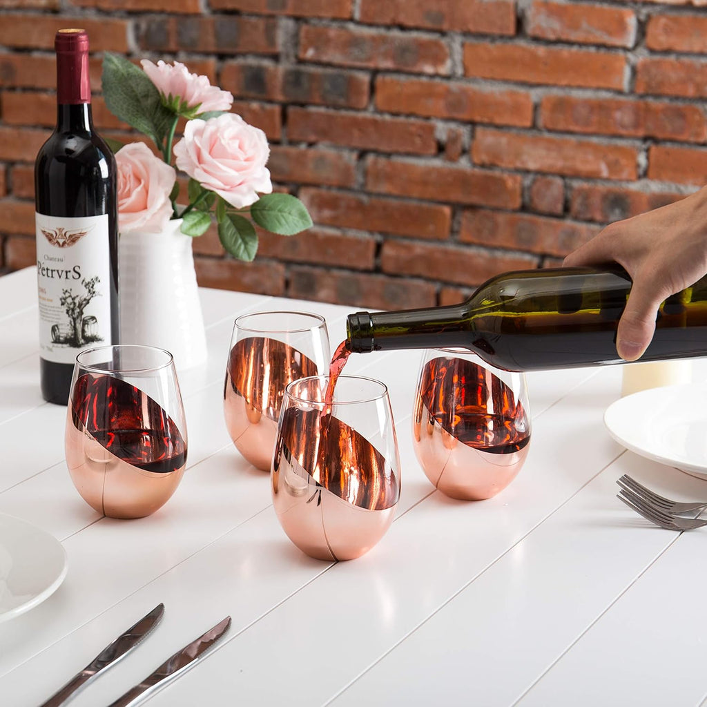 Stemless Wine Glasses Set of 4 - Copper Accent Modern Barware, Elegant Wedding & Celebration Cups with Luxe Metallic