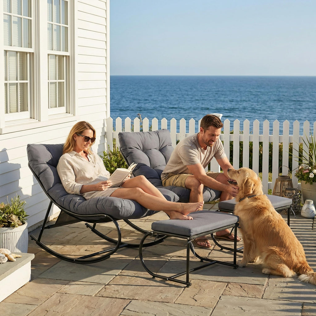 Upholstered Outdoor Rocking Chairs, Modern Patio Rocking Chair Set of 2 with Foot Rest, Sturdy Metal Papasan Rocking