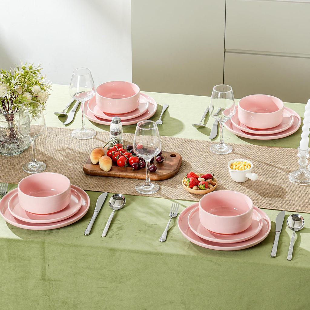 12 Piece Ceramic Plates and Bowls Sets for 4, Elegant Pink