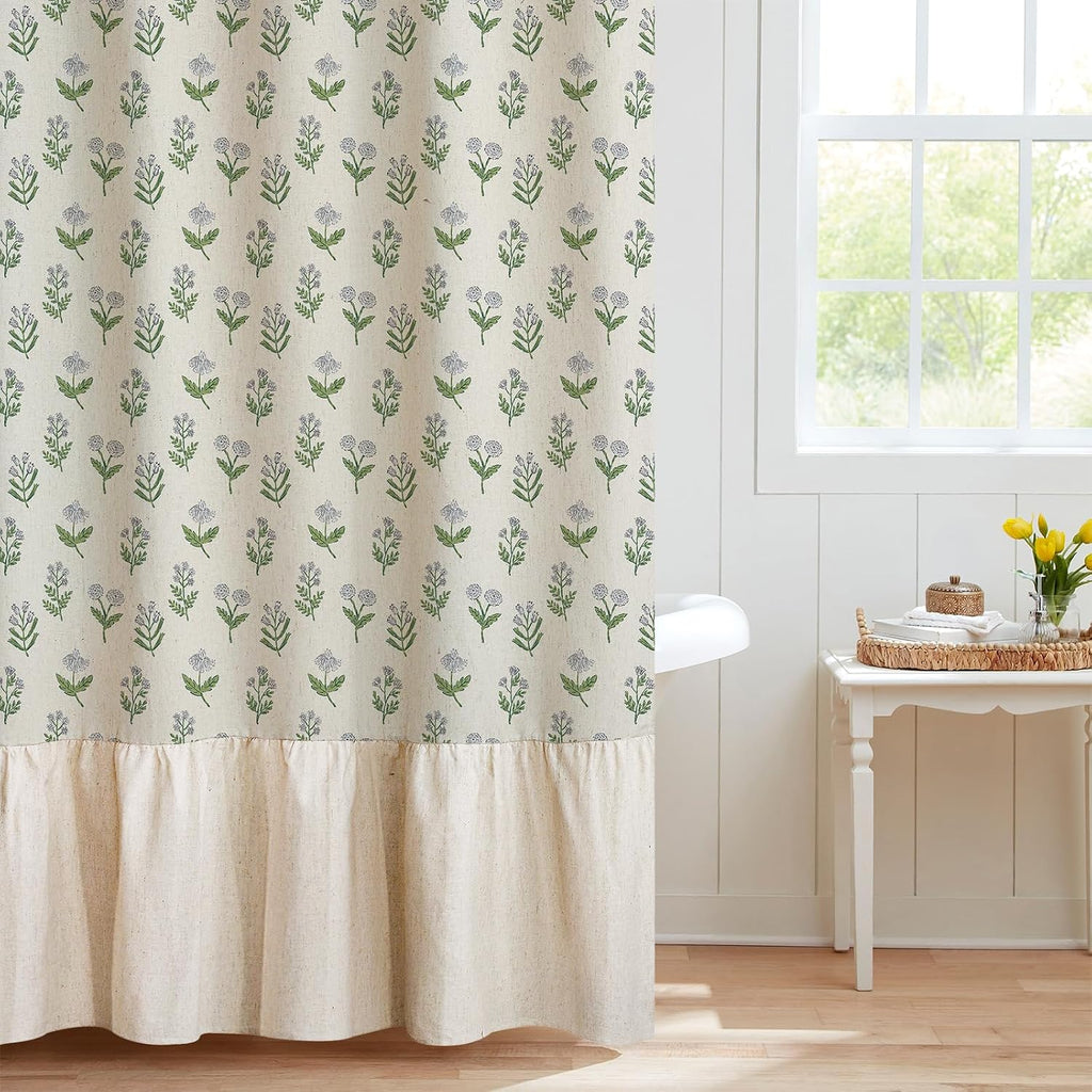 Linen Textured Ruffle Shower Curtain - Vintage Floral Block Print in Beige and Green, Boho Cottagecore Farmhouse