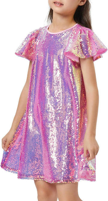 Sequin Dress Shiny Short Flutter Sleeve Midi Sparkly Party Dress with Hairbow
