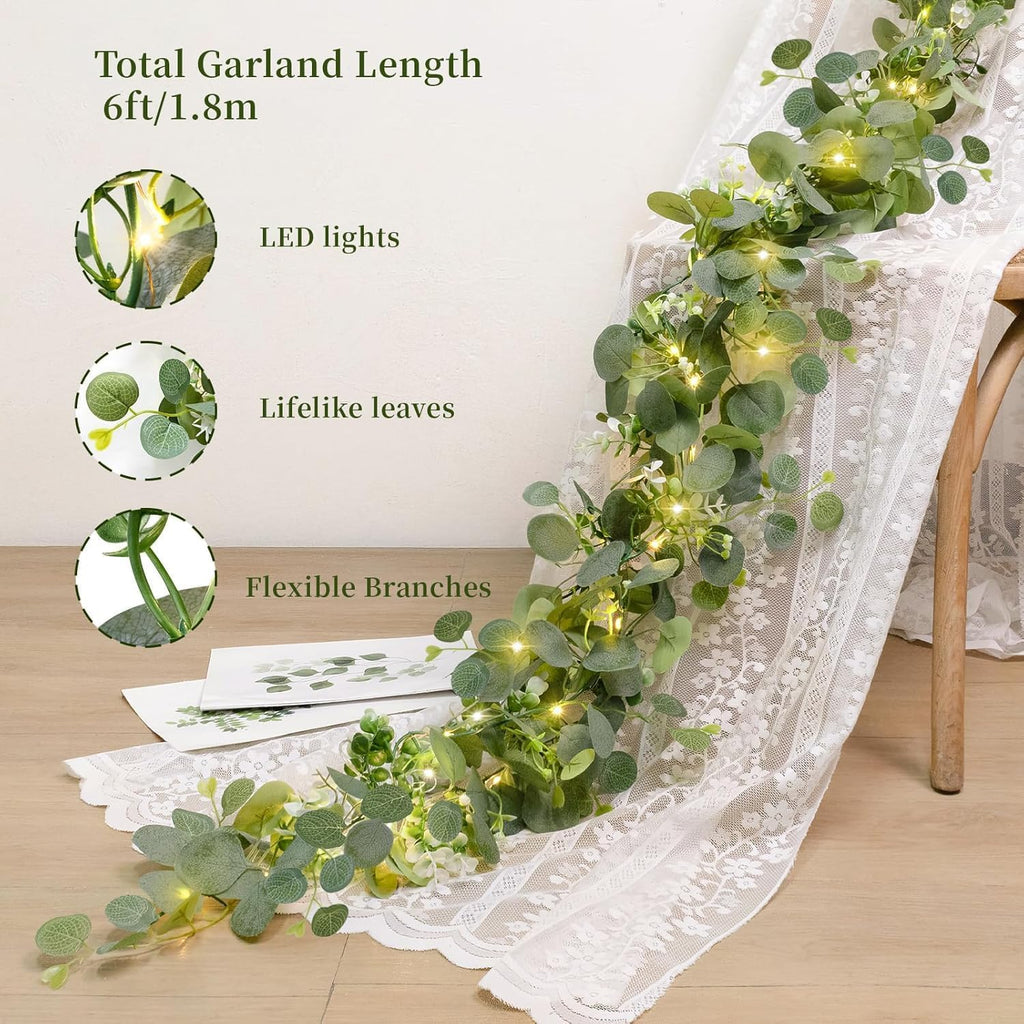 1 Pack Artificial Eucalyptus Garland with Lights, 6FT Artificial Greenery Summer Garlands, Battery Operated Twig Vine