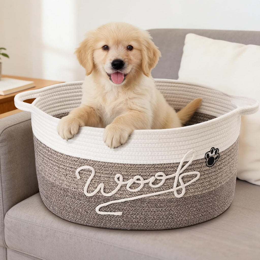 30L Woof Dog Toy Basket with Handles, Large Dog Toy Storage Bin with Paw Print, Woven Dog Basket for Blankets, Toys