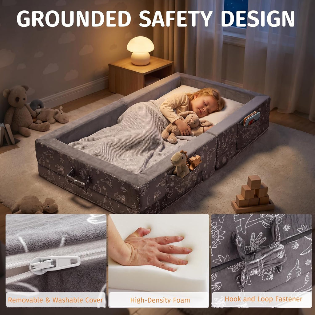 Portable Toddler Travel Bed 2-in-1 Foldable Floor Bed with 2.75" Thick Soft Foam, Machine-Washable Crystal Velvet