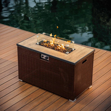 43 Inch Fire Pit for Outdoor - 50,000 BTU Outdoor Propane Fire Pit Table with Lid, Rain Cover & Lava Rocks - Patio