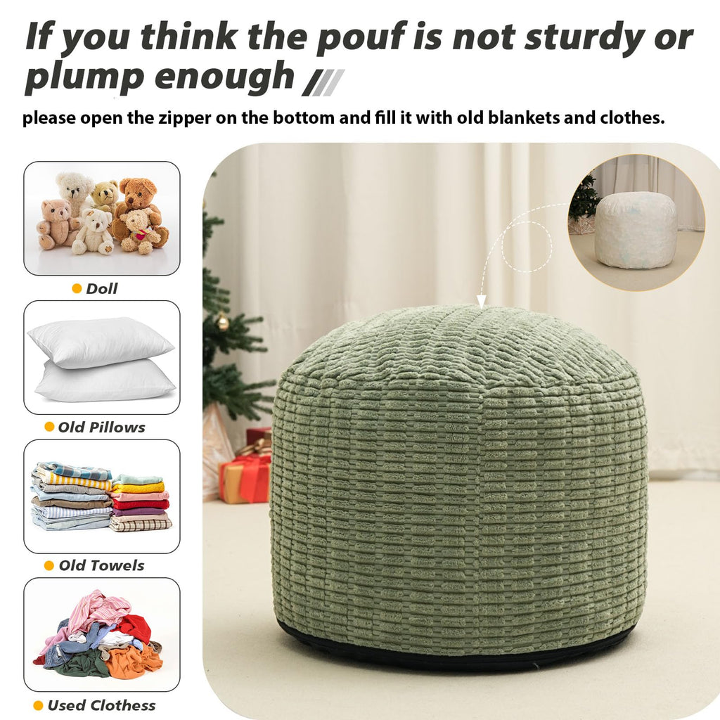 Round Stuffed Pouf Ottoman for Foot Rest 20" X 15" Faux Fur Poufs, Green