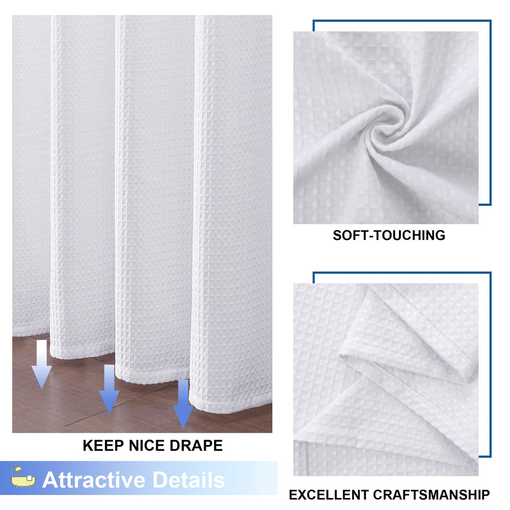 Extra Long White Shower Curtain Set- 96 Inch Long Waffle Weave Heavy Duty Fabric Shower Curtains, Luxury Heavy Duty