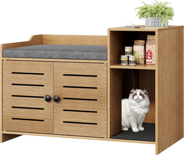 Cat Litter Box Enclosure, Hidden Litter Box Cabinet Furniture with Scratch Pad, Farmhouse Indoor Cats House