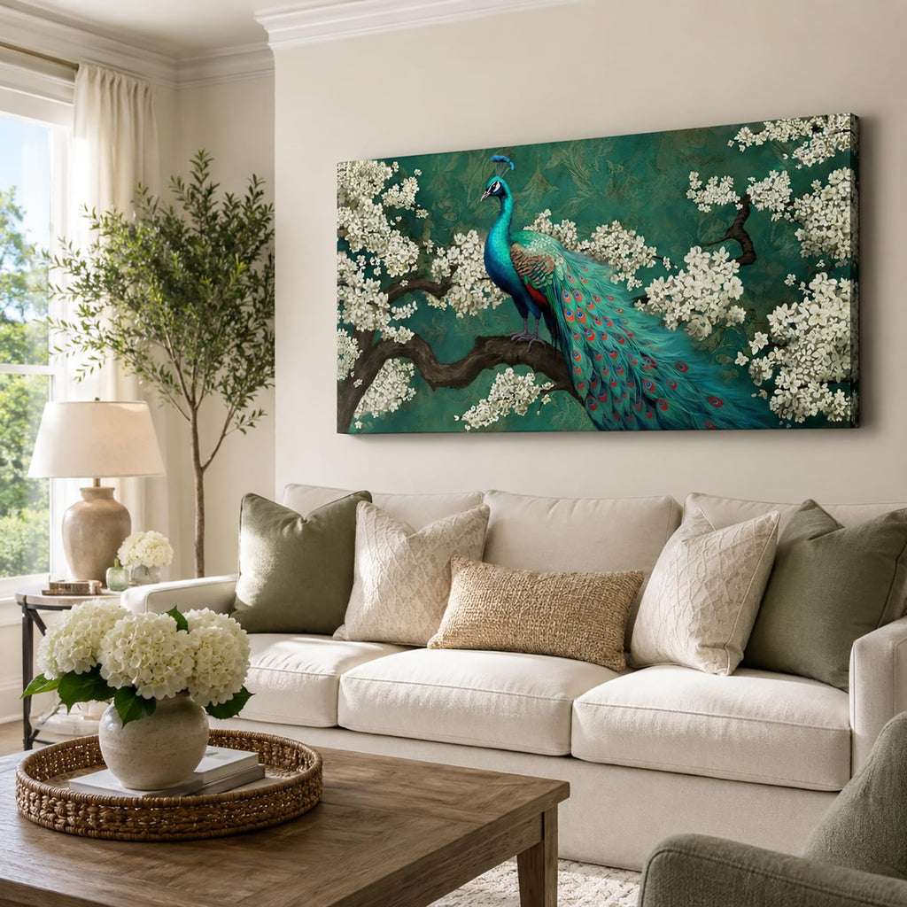 Peacock Canvas Wall Art Green and White Flower Elegant Animal Painting Pictures Artworks Bedroom Wall Decor Ready to