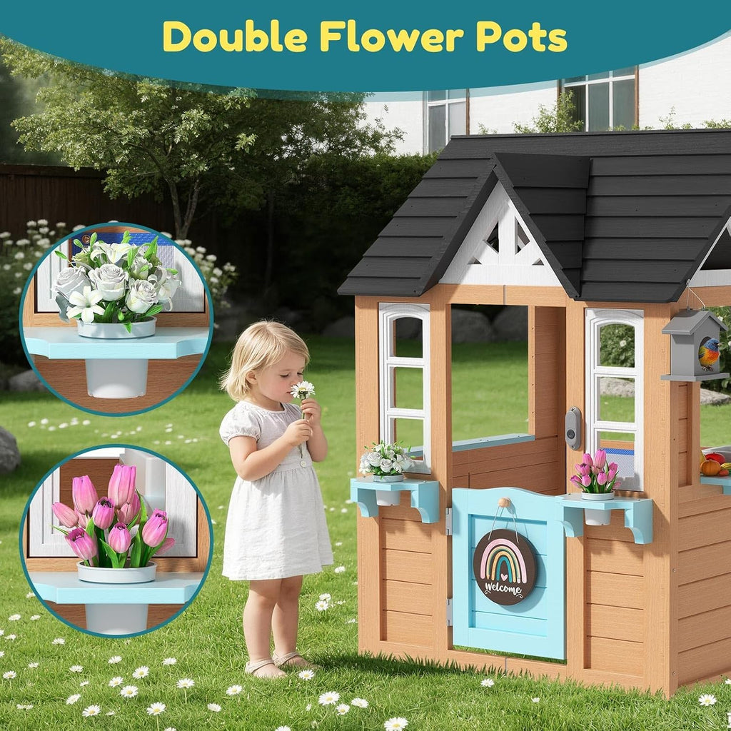 Outdoor Playhouse for Kids - Wooden Kid Play House with Play Kitchen, Birdhouse, Flowerpot Holders and Mud Molds