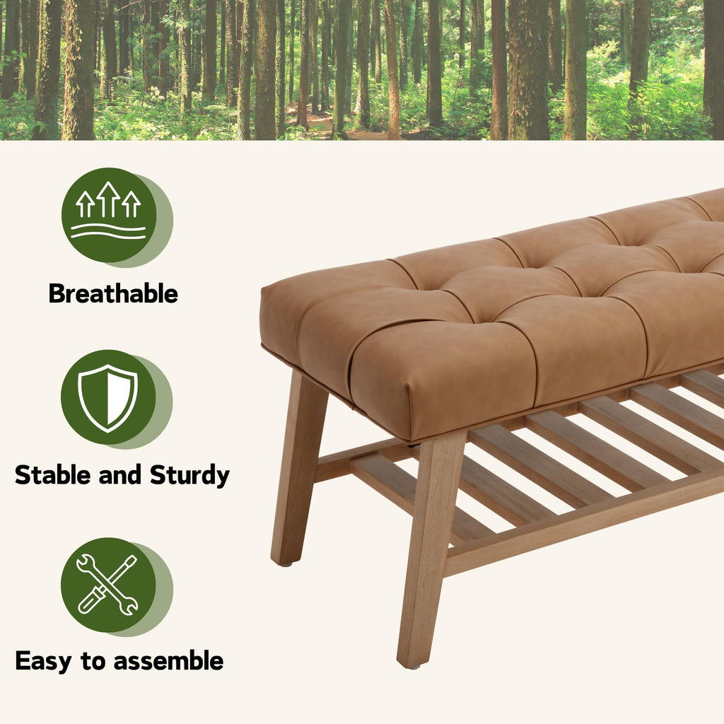 Entryway Shoe Bench Storage Benches with Upholstered Button Tufted Seat and Open Slatted Shelf PU Leather Ottoman