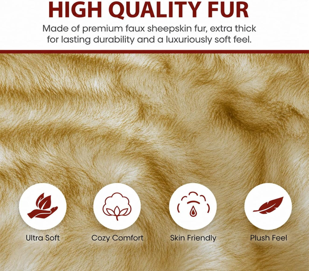 Faux Sheepskin Rug, White/Brown Tips, 4'x6', Free Shape | 4 pelts; vegan fur indoor carpet , den, bedroom & nursery
