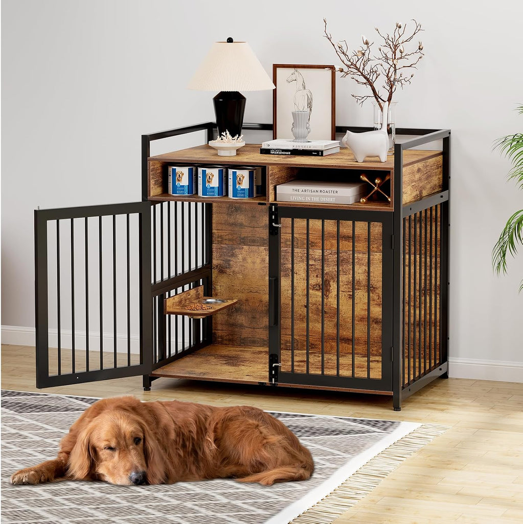 48 Inch Heavy Duty Dog Crate Furniture for Large and Medium Dogs - Metal & Wooden Kennel with 2 Storage Drawers, 360°