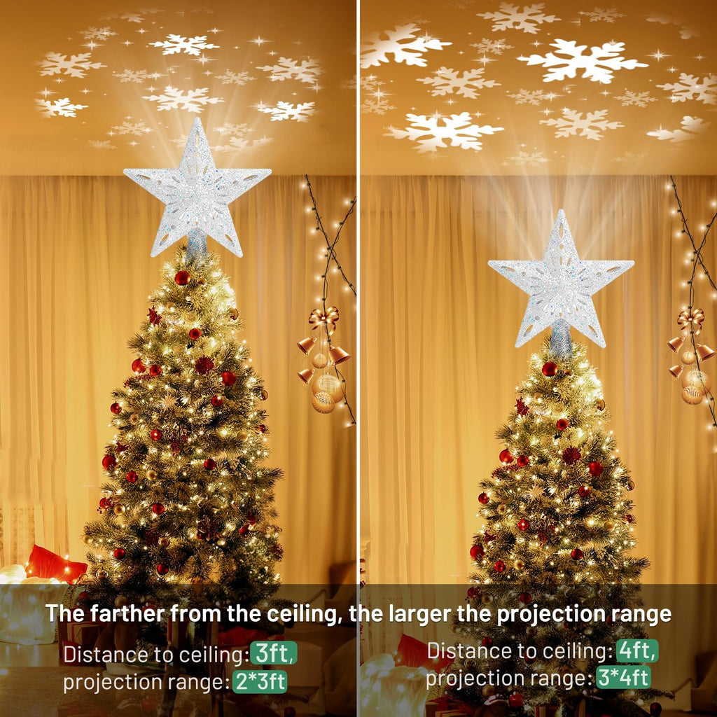 Christmas Tree Topper Lighted with 6 Projection Modes, Christmas Star Tree Topper Built-in LED Rotating Lights
