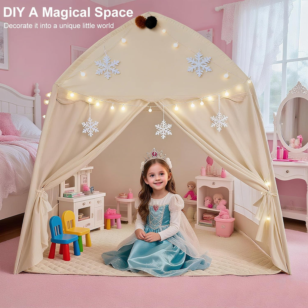 Extra Large Kids Play Tent Indoor: 59x39x59in with Mat Lights Flags Cream